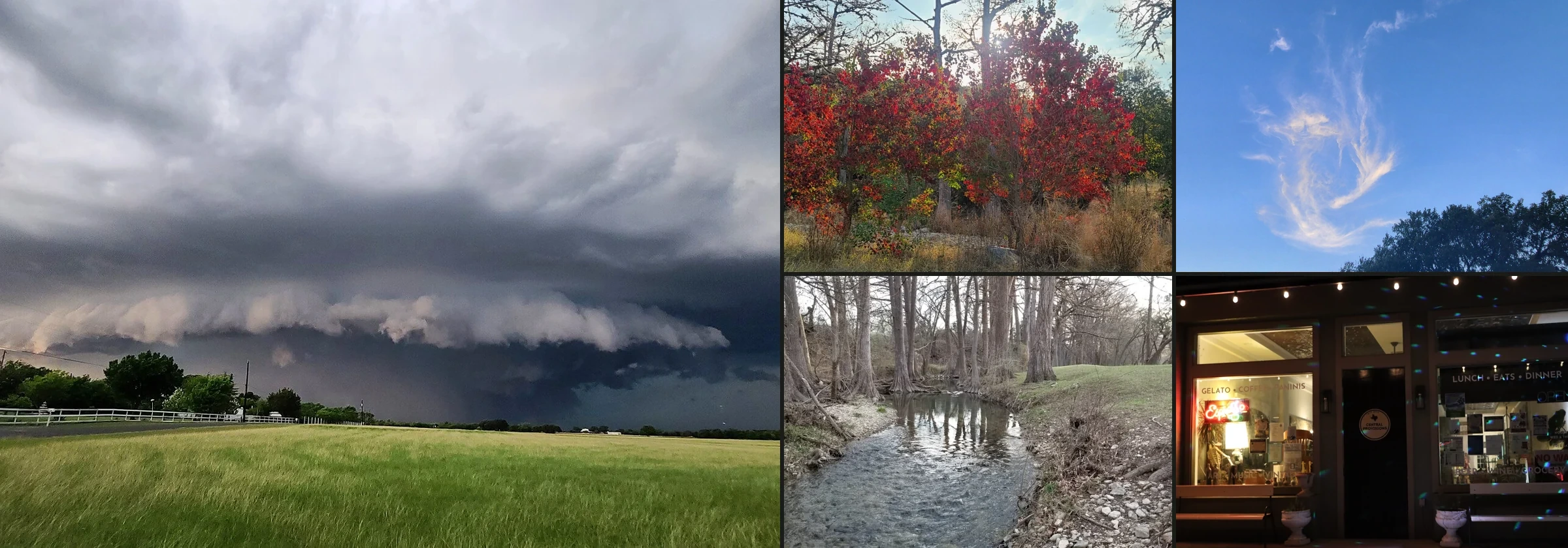 Photographs by Nick Sosa: a sweeping storm over a Hill Country field, backlit red sumac, a curling white cloud against blue sky, cypress-lined Verde Creek, and a glowing storefront at night.